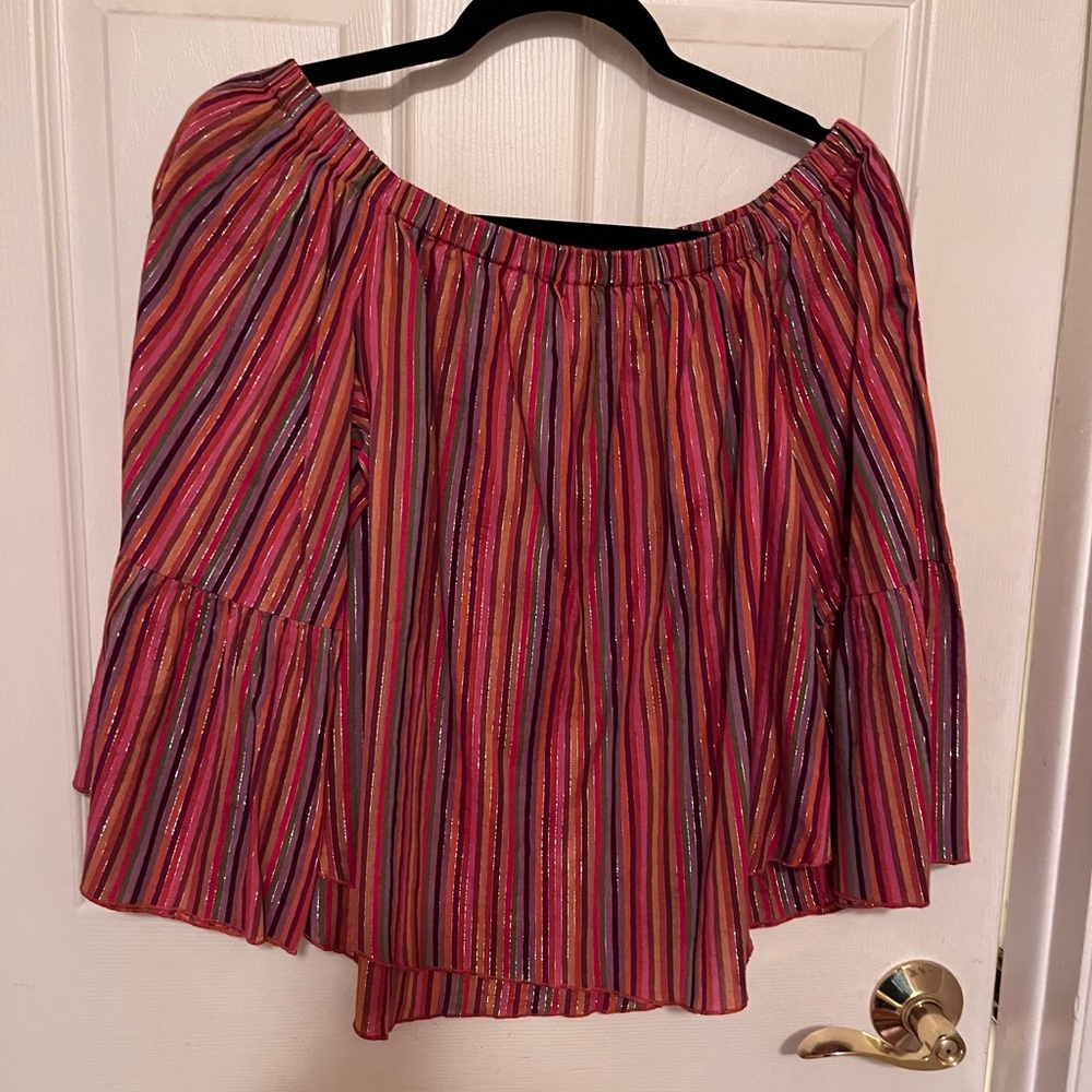 Multicolor striped top w/ metallic thread. Medium On/off shoulder